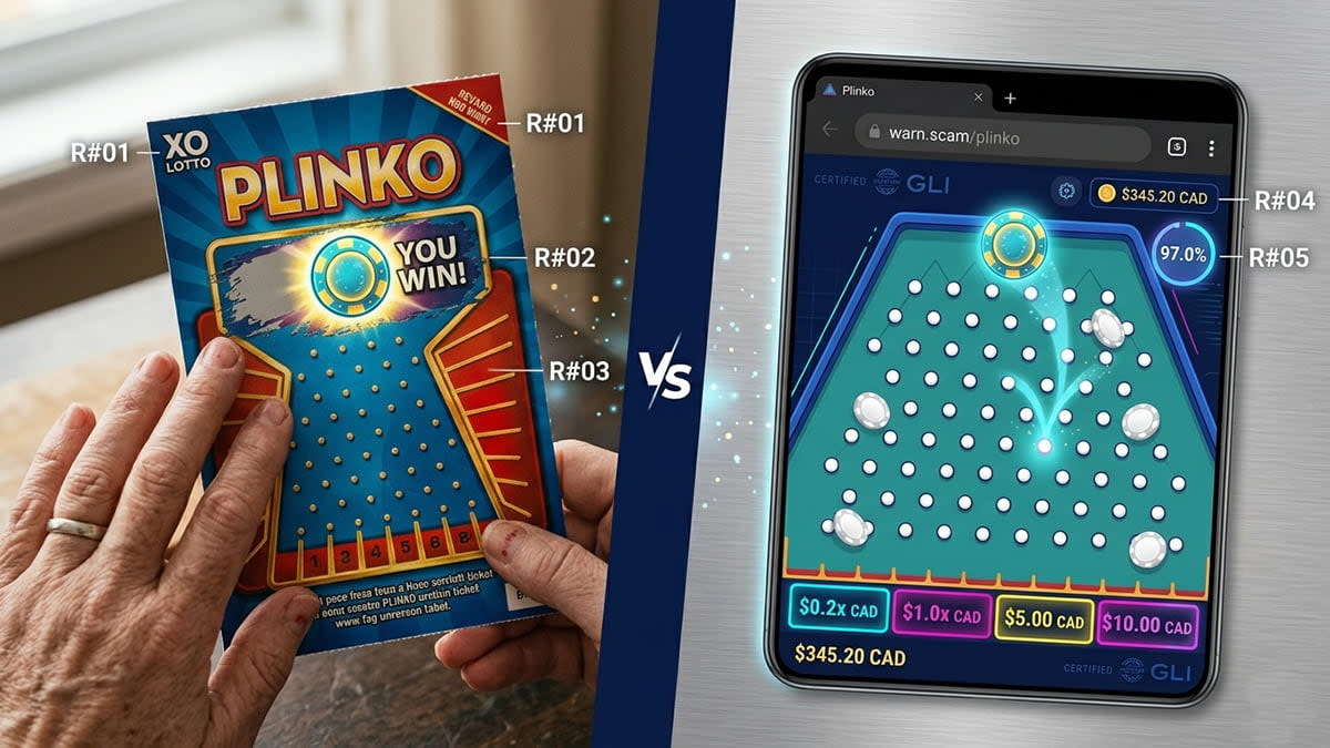 Scratch ticket and phone display comparing Plinko chip prizes in physical and online play